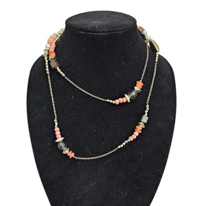 Vintage 1990s Gold Tone Long Chain Necklace w/ Pink and Coral Accent Beads - Picture 1 of 4