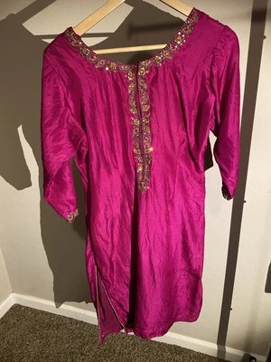 Red Embroidered Womens Pullover Shirt Dress Cultural India 100% Silk - Image 1 of 4