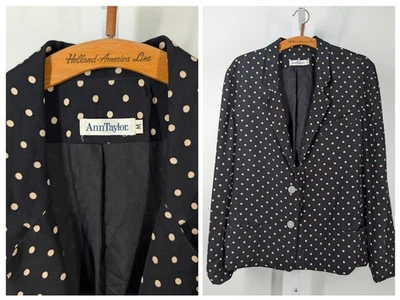 Ann Taylor Vintage 80s Rayon Black Beige Polkadot Geometric Art Blazer Jacket M - Image 1 of 4