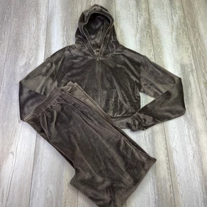Skims Hoodie Hose Set Damen klein braun Reißverschluss Crop hoher Bund weit Velour - Bild 1 von 13