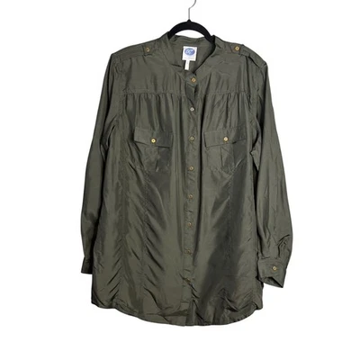 Camisa de Seda Diane Gilman DG2 Talla Grande 1X Botón Verde Oliva Safari Carrera Informal Foto 1 de 4