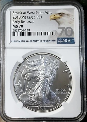 2018 American Eagle Silver Dollar  1 oz 999 Silver NGC MS70 Struck at West Point - Image 1 of 2