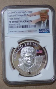 2020 Cameroon 1000F 1oz Silver Donald Trump High Relief NGC PF70 Ultra Cameo - Picture 1 of 5