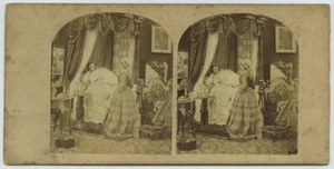Stéréo 1860-70. Scène de genre légendée "Le déjeuner". Femme au lit. Domestique. - Picture 1 of 2