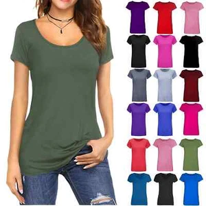 WOMENS CAP SHORT SLEEVE ROUND SCOOP NECK PLAIN T-SHIRT FITTED TEE TOP UK 8-26 - Picture 1 of 18