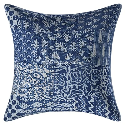 Indian Cotton Patchwork Indigo Blue 18x18 Kantha Patchwork Throw Pillow Cover - Image 1 of 3