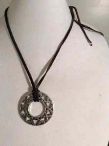 Lucky Brand Silvertone  tribal cut out disk Leather Cord necklace $39 #Y119a - Picture 1 of 4