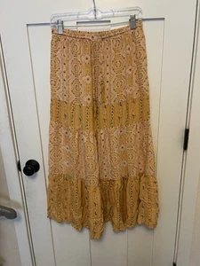 C&C California Womens Tiered Boho Maxi Skirt Size Small Yellow Tasseled Peasant - Picture 1 of 4