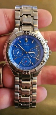 Guess Waterpro Watch Men Silver Blue Dial Day Date Chronograph G95203G WORKS - Image 1 of 4