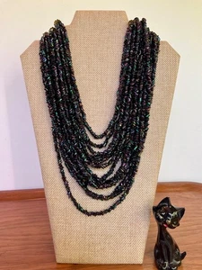 Vtg Art Glass Necklace Beaded Multi 15 Strand AB Iridescent layer Bib Collar 60s - Picture 1 of 21