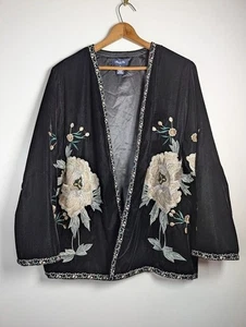 Velvet Embroidered Kimono Cardigan XL Whimsigoth Witchy Boho Lagenlook Artsy - Picture 1 of 10