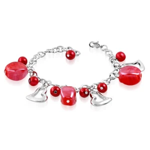 Red Bracelet with Pearls Marbled Beads and Heart Charms * Gift Box included - Picture 1 of 2