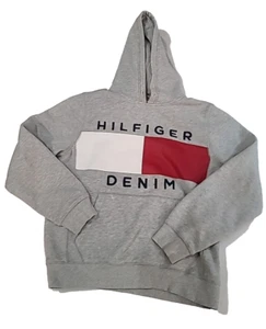 Tommy Hilfiger Denim Gray Flag Logo Hoodie Adult Medium Sweatshirt Embroidered - Picture 1 of 12