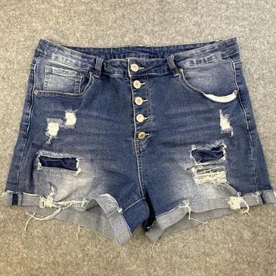Pantalones cortos de mezclilla para mujer tiro medio botón mosca puños desgastados azul talla XL Foto 1 de 4
