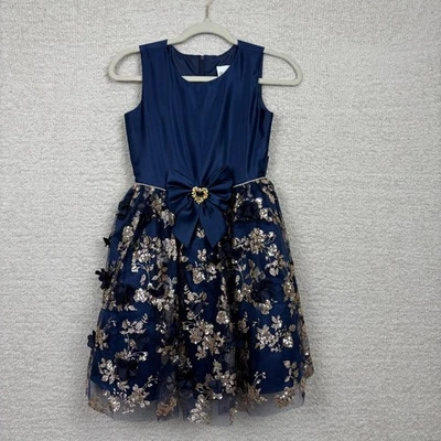 Vestido feminino edições raras 10 azul marinho meia-noite floral mágico dourado lantejoulas malha sobreposição - Imagem 1 de 4
