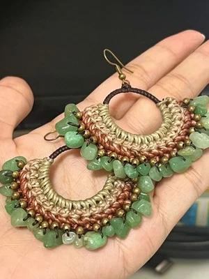 EB003 BOHEMIAN HOOP EARRINGS WITH GREEN AVENTURINE (LUCKY STONE), BEADS, BRAIDED - Image 1 of 4