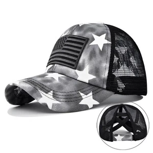 Black American Star Trucker Ponytail Woman's Baseball Cap, Activewear Athleisure - Picture 1 of 8