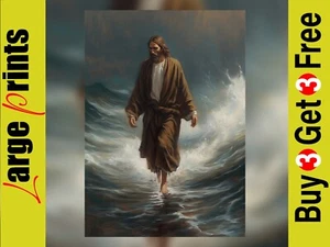 Inspiring Oil Painting Print, Jesus Christ Walking on Sea, Spiritual Artwork - Picture 1 of 9