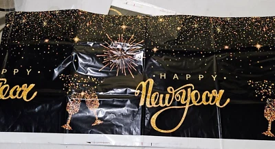 3 Pcs Happy New Year Table Covers Tablecloth Plastic Disposable Black and Gold   - Image 1 of 3