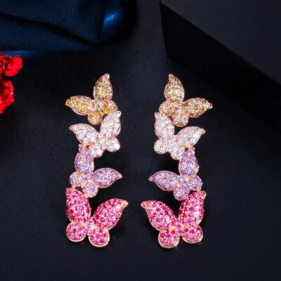 Pendientes colgantes largos enchapados en oro rosa púrpura rojo circonita cúbica mariposa para novias Foto 1 de 4