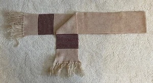 Vintage Lady's Winter Knitted Scarf in Cream w/ Burgundy Stripes & Fringed Ends - Picture 1 of 2