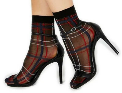 INC International Concepts Women's Sheer Plaid Anklet Socks Black - Image 1 of 4