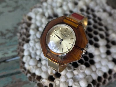 1960s Pedre 17 Jewel Smoked Lucite Womans Clamp Back Bracelet Watch Swiss Windup - Image 1 of 4