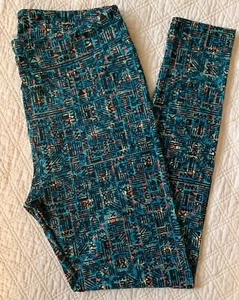 Lularoe Leggings TC Teal Blue Coral w/ Black Aztec Tribal Geometric Lines - Picture 1 of 2