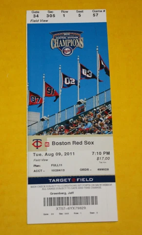 Minnesota Twins Ticket Stub | August 9 2011 | David Ortiz Joe Mauer Hit Cover