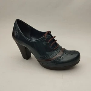 Clarks Shoes Womens Size 4 Brogues Navy Patent Leather Lace Up Oxford Heeled - Picture 1 of 15