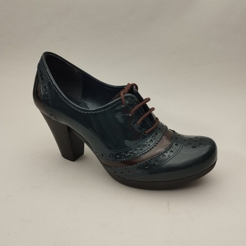 Scarpe Clarks donna taglia 4 brogues blu navy vernice stringate Oxford tacco