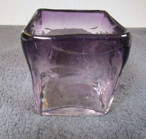 Lovely Quality Vintage Square Art Glass Clear And Amethyst Purple Textured Vase