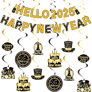 Black & Gold Hello 2025 Happy New Year Banner and Hanging Swirl New Years Eve Pa - Picture 1 of 8