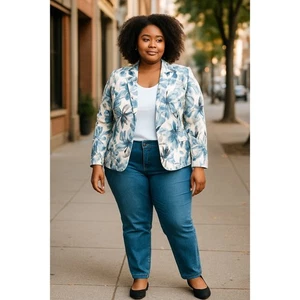 Allegra K XXL Blazer Jacke Blumenmuster blau weiß Karriere Business - Bild 1 von 8