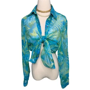 Vintage Notations tropical floral palm sheer button-down blouse size large L - Picture 1 of 6