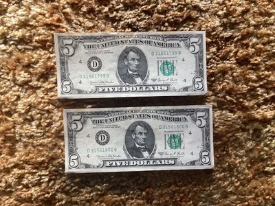 2 Consecutive Numbered 1969c $5.00 FR note 799 & 800 in great shape - Image 1 of 2