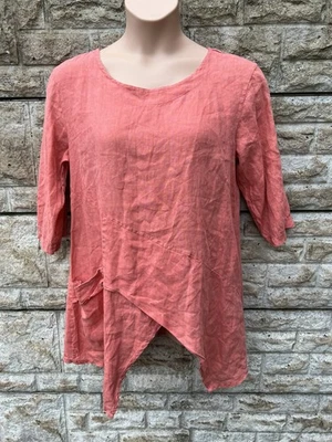 Ladies La Rok, Italy Pink Lagenlook Dipped Hem 100% Linen Blouse Top - P-P 21" - Image 1 of 4