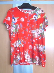 HALLHUBER Damen Shirt Gr. 40/42 rot Blumen Perlenausschnitt gelb grün blau rosa - Bild 1 von 12