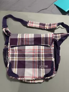 Jansport Crossbody Messenger Bag 16x13" Purple Red Plaid Zipper Pockets Lined - Picture 1 of 5