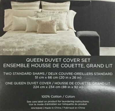 4pc VERA WANG QUEEN Duvet & 2 Std Shams Set+Fitted sheet Etched Roses 100%Cotton - Image 1 of 4