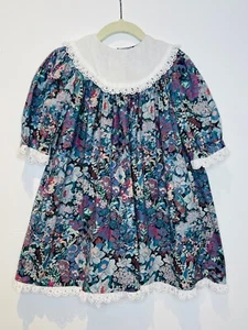 VTG MOUSE FEATHERS BLUE BLACK CALICO FLORAL LACE COLLAR PRAIRIE DRESS*GIRL'S 4 - Picture 1 of 6