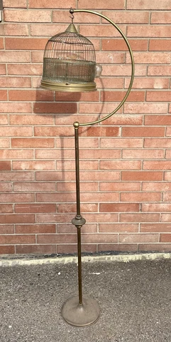 Antique Hendryx Brass Bird Cage With Original Stand & Glass Feed Dish 68” Cover