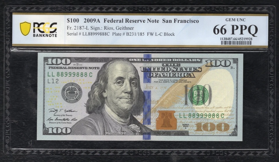 FR. 2187-L 2009-A $100 FRN “FANCY S/N LL88999888C” PCGS BANKNOTE GEM UNC-66PPQ - Image 1 of 2