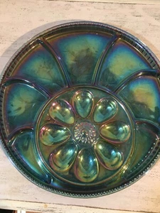 Carnival Glass Turquoise Deviled Egg Snack Serving Dish 572 - Picture 1 of 12