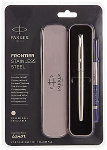 Parker Frontier Stainless Steel Chrome Trim Rollerball Pen, Blue Ink, 0.5mm Tip