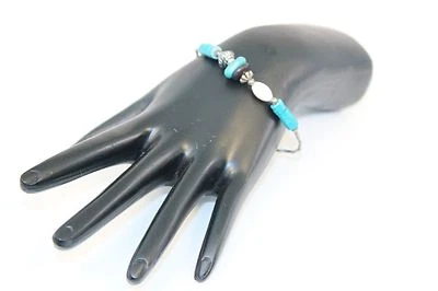 Vintage Handmade Silver White Opal Blue Turquoise Black Onyx Beaded Bracelet 7" - Image 1 of 2