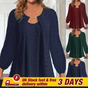 Plus Size 18-26 Womens Floral Tunic Tops Fake 2Pcs Long Sleeve Casual Blouse - Picture 1 of 15