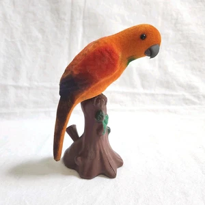 Vintage Flocked Parrot Orange Bird Statue Figurine Tree Stump Tiki Bar AS IS - Picture 1 of 10