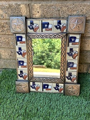 Hanging Punched Tin Mexican Folk Art 11x13 Table Mirror with Texas Flag Tiles - Image 1 of 4