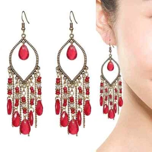 4 inch Bohemian Tassel Red Lucite & Crystal Chandelier Hook Earrings - Picture 1 of 5